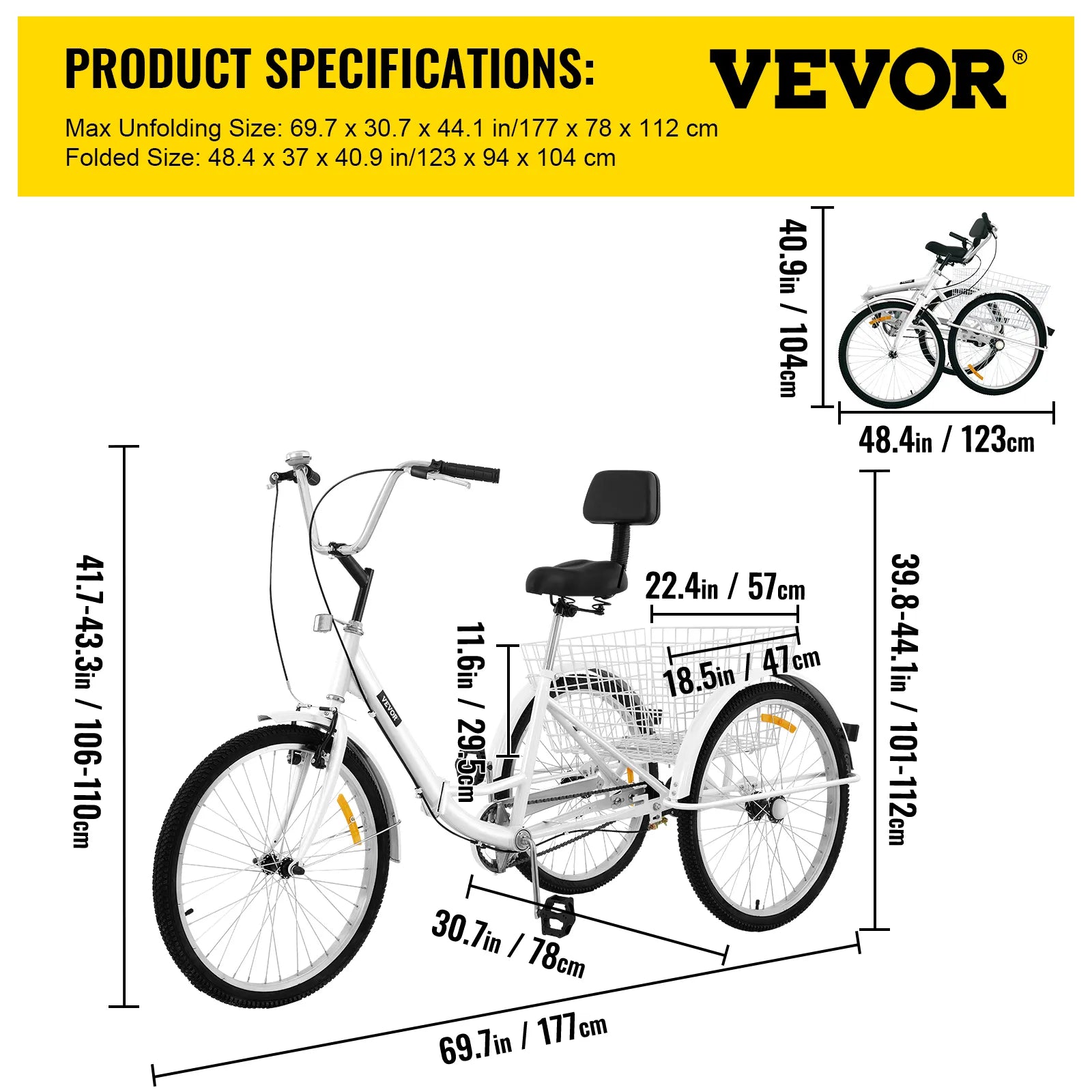 VEVOR Foldable Adult Tricycle 24'' 1 Speed Red White Green Blue 3-Wheel Folding Bike with Shopping Basket