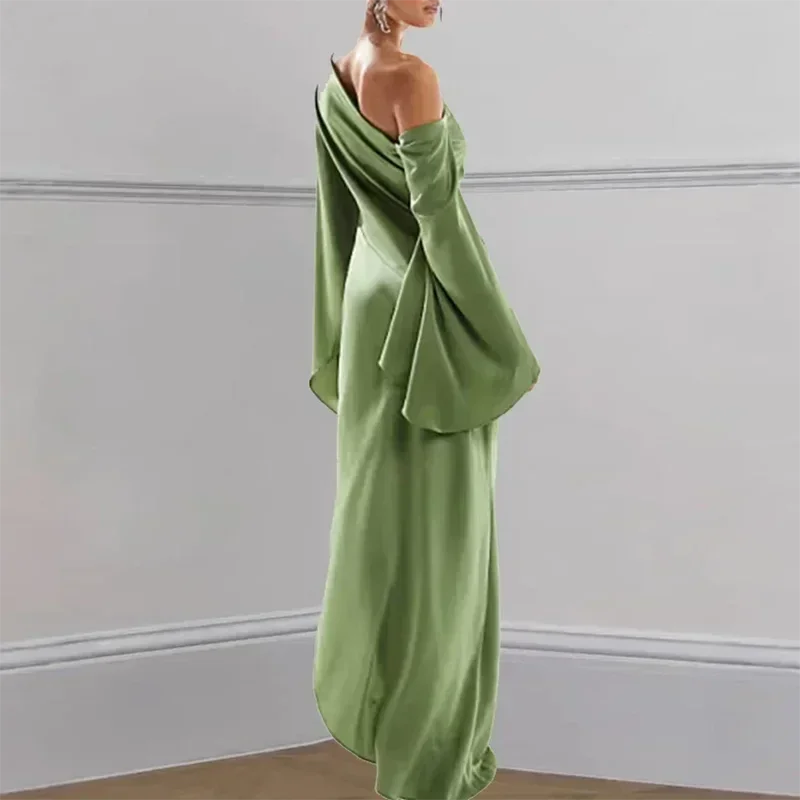 Sexy Oblique Shoulder Solid Irregular Dress Women Elegant Skew Collar Backless Long Dress Autumn Flare Sleeve Slit Party Dresses