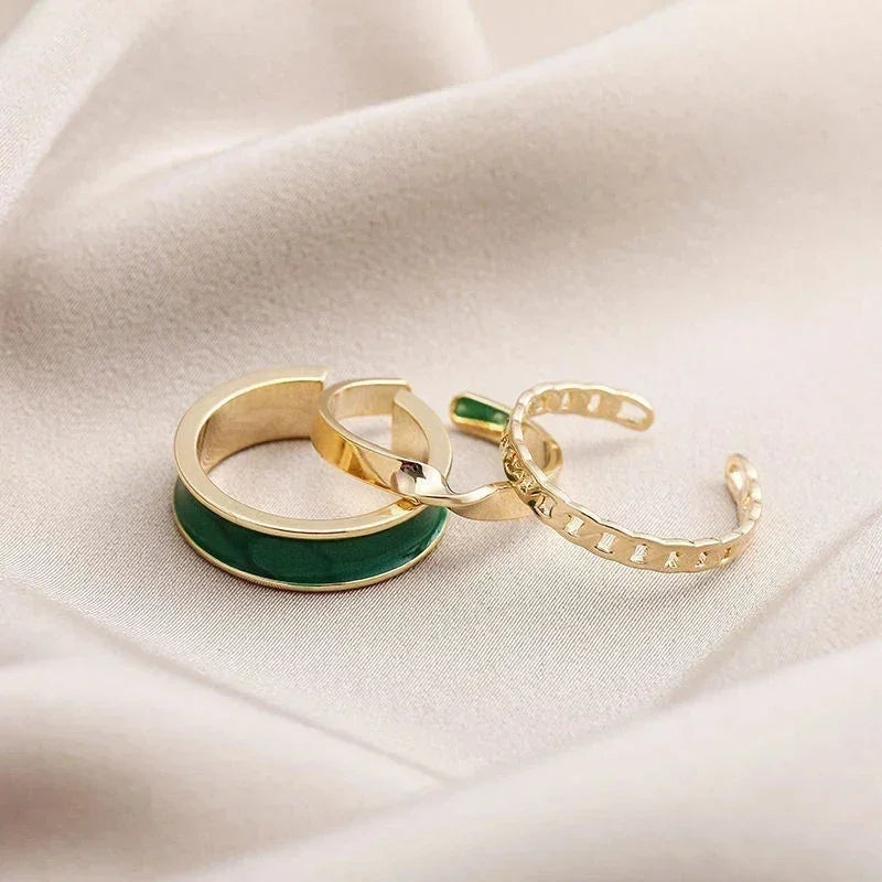 3pcs/set Adjustable Open Rings for Women White Green Enamel Oil Twists Weaving Geometry Ring Set Trendy Punk Personality Jewelry