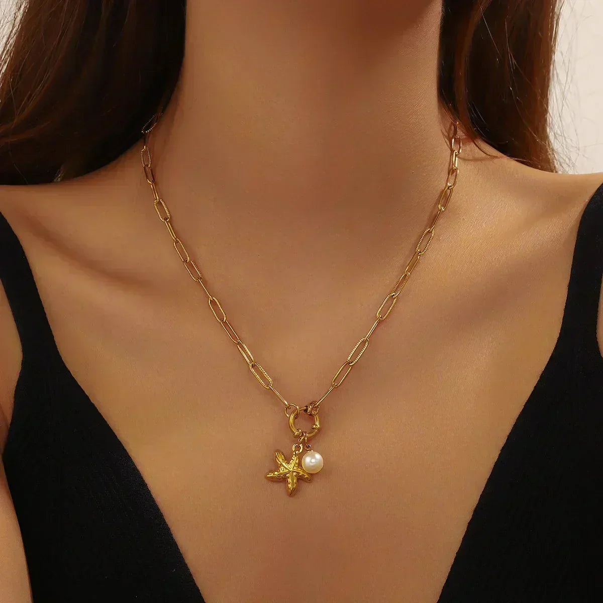 DIEYURO 316L Stainless Steel Golden Ocean Style Starfish Pearl Pendant Necklace Lady New Summer Beach Neck Chain Jewelry Gift