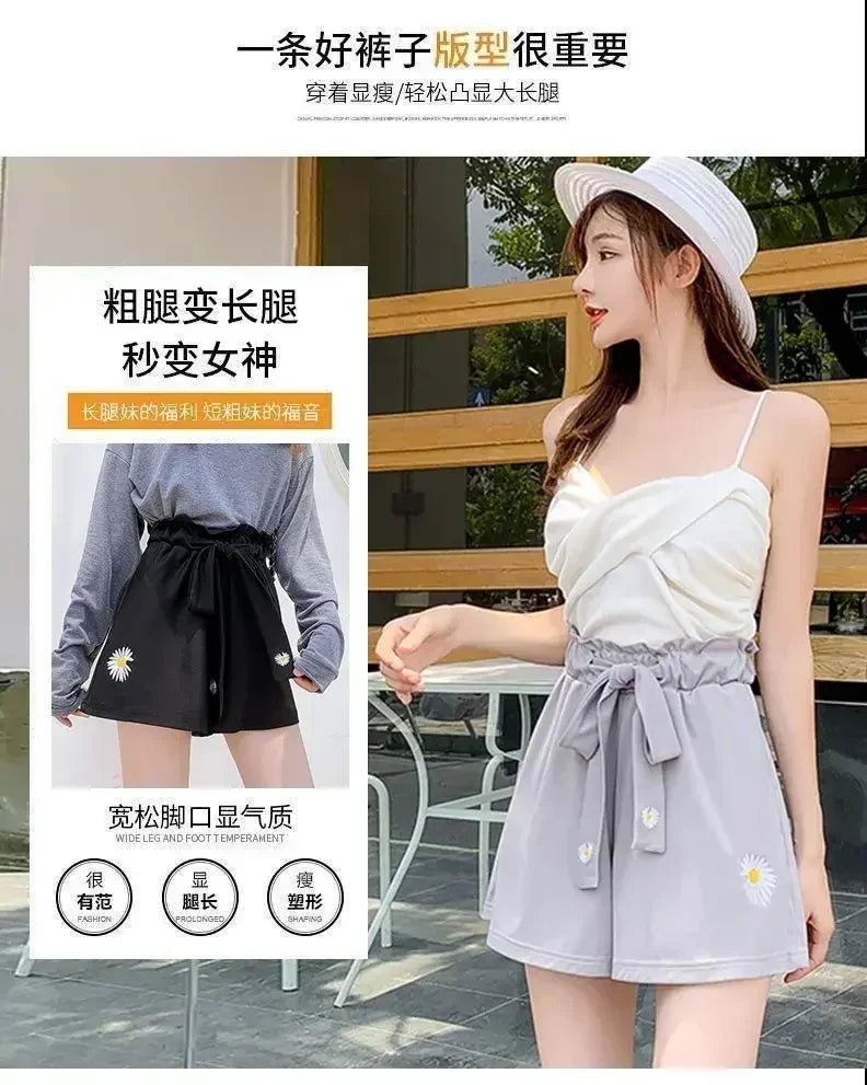Summer Lightweight Black Casual Sports Pants Women Student Loose High-Waist Wide-Leg Shorts