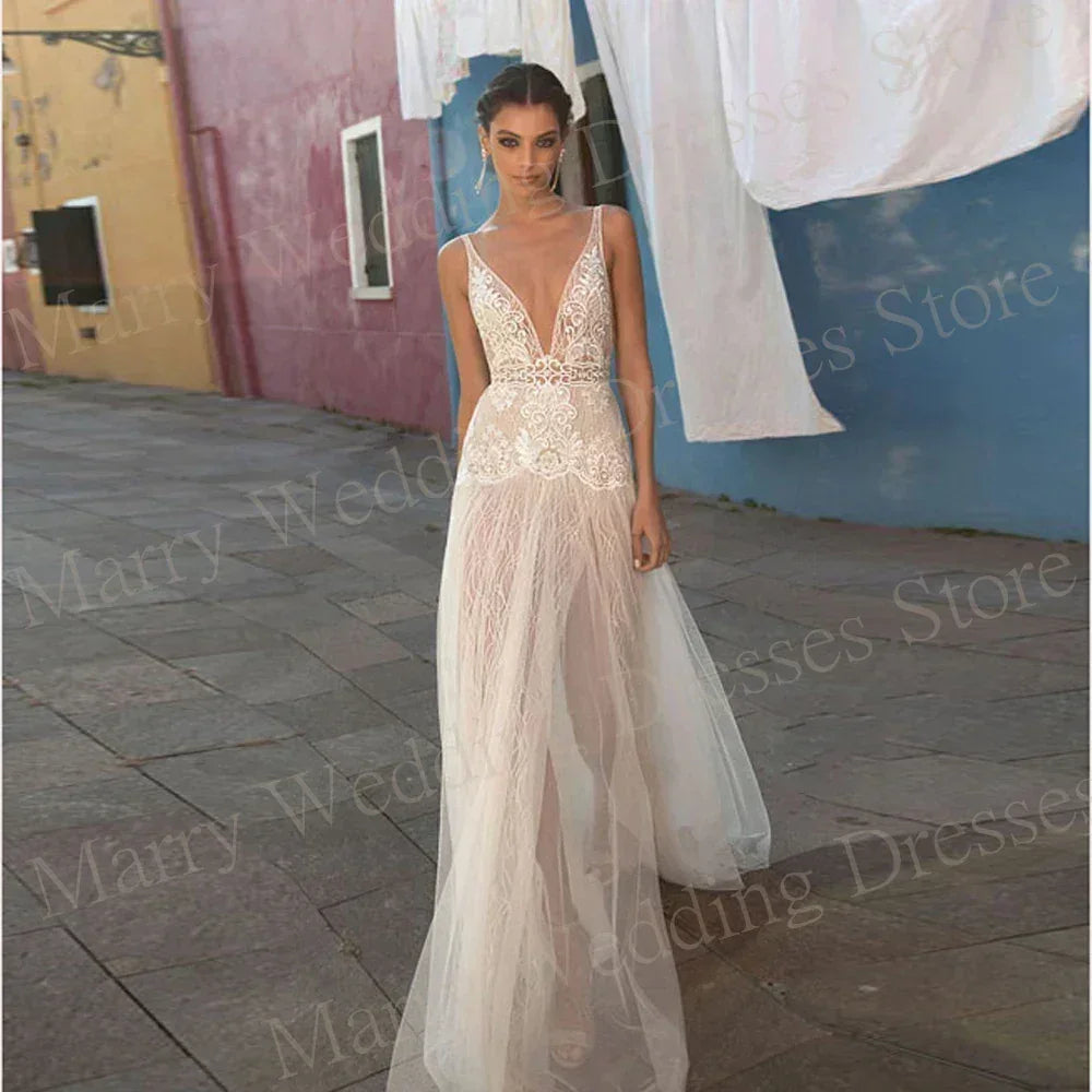 2024 Fascinating A Line Women's Wedding Dresses Pretty Appliques Lace Bride Gowns Sexy Deep V-Neck Side Split Vestidos De Novias