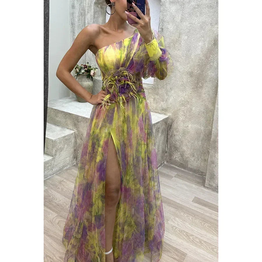Elegant Oblique Shoulder Single-sleeve  Zipper High Slit Mesh Long Dress For Women Fashion Flower Decoration Party Dress Female
