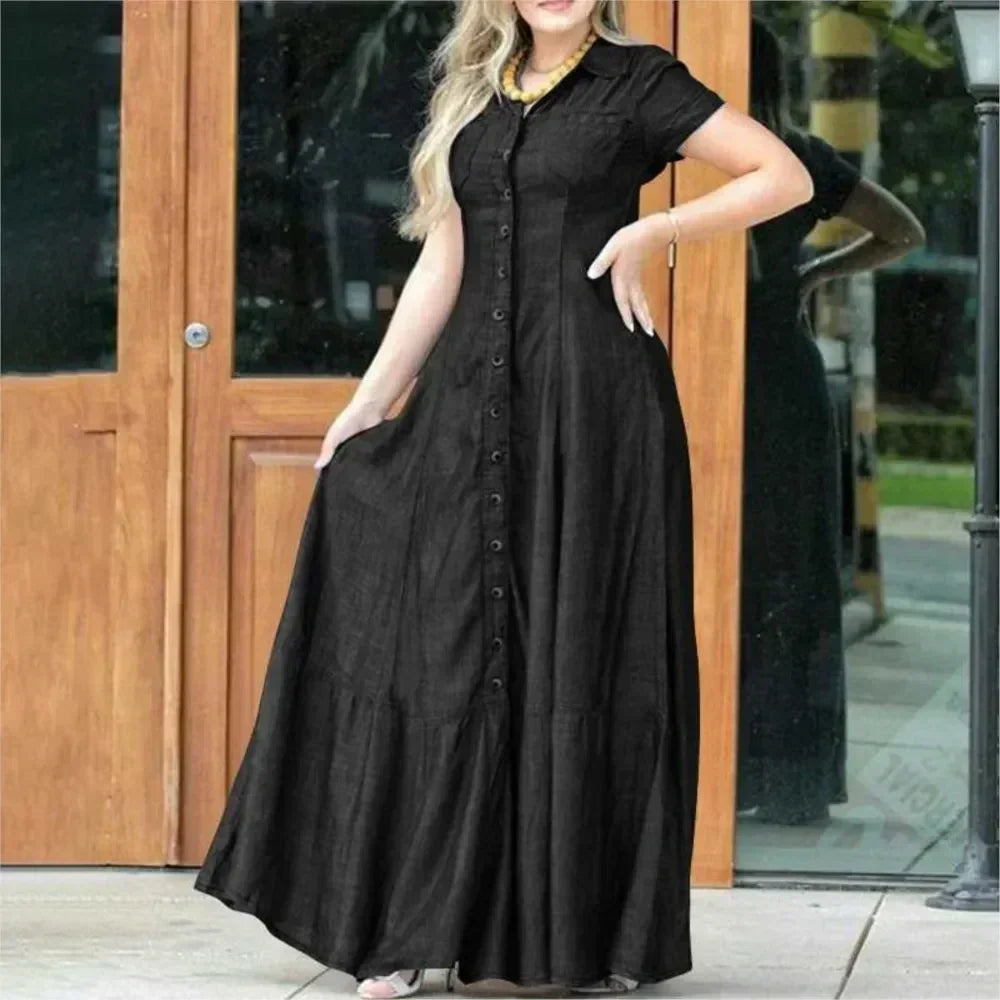 2024 Women New Lapel Pocket Splicing Casual Short Sleeved Solid Color Large Swing Denim Dress Loose Single Breasted Shirt Dress