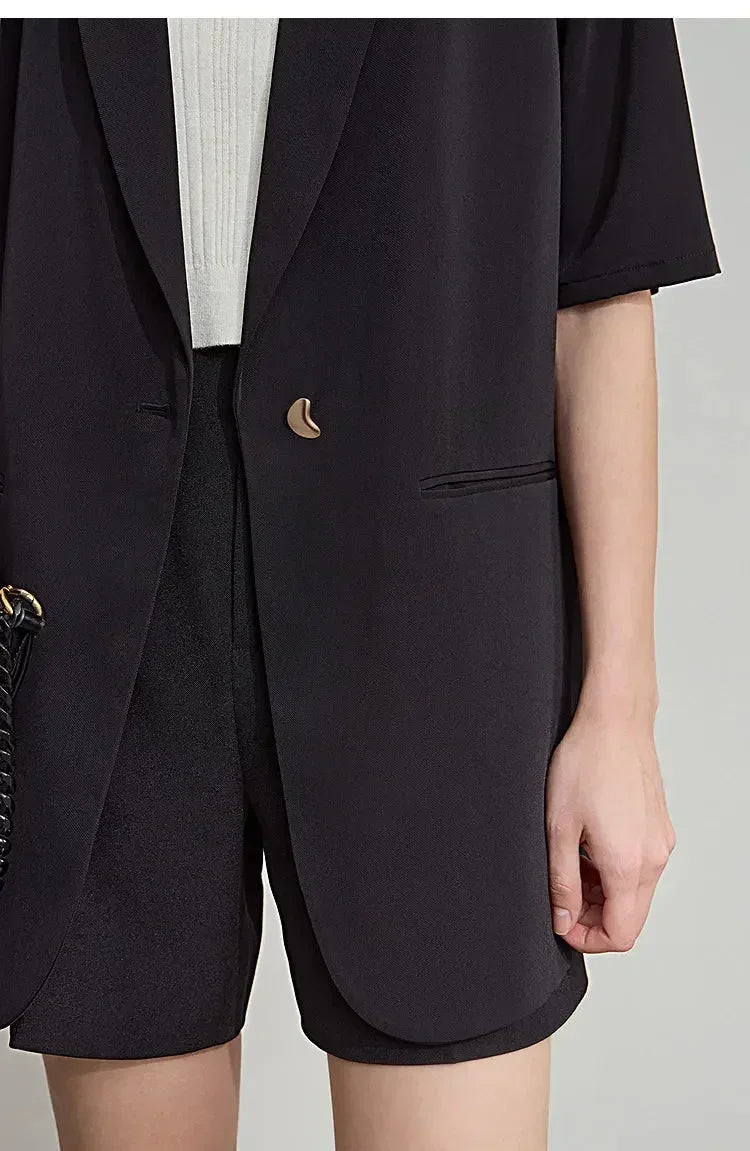 Amii Women's Top Minimalist 2025 Summer New Notched Lapel Contrast Material Patchwork One Button Short Sleeve Blazer 12542081