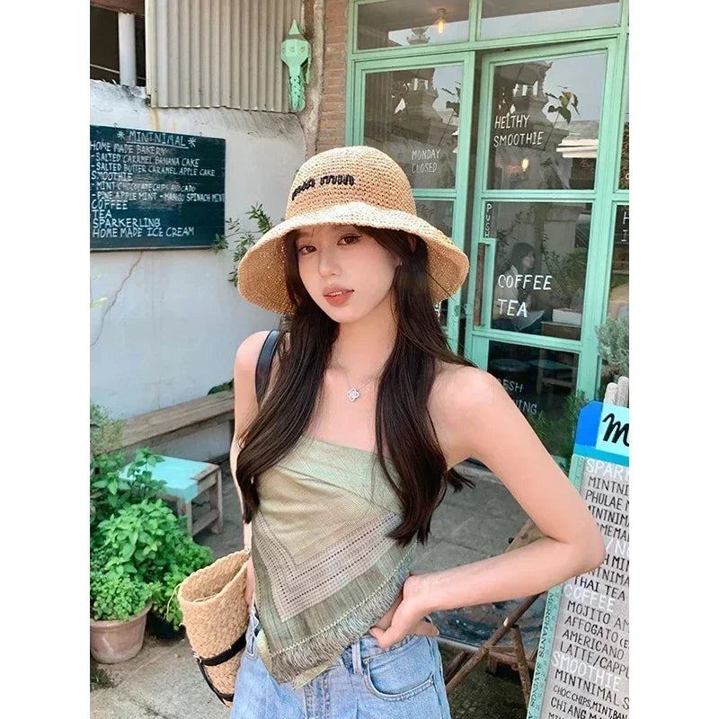 2025 Letter Sun Hat for Women Straw Beach Hats Women Large Wide Brim  Foldable Hat  Fashion Designer Outdoor Korean Bucket Hat