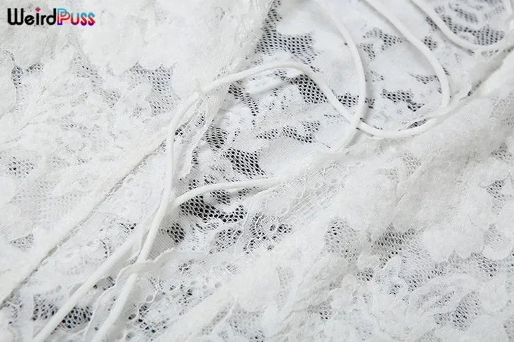 Weird Puss Embroidery Ruffles Dress Women Sexy Deep V-Neck Slits See Through Solid Tassel Petal Cuffs Street Elegance Vestidos
