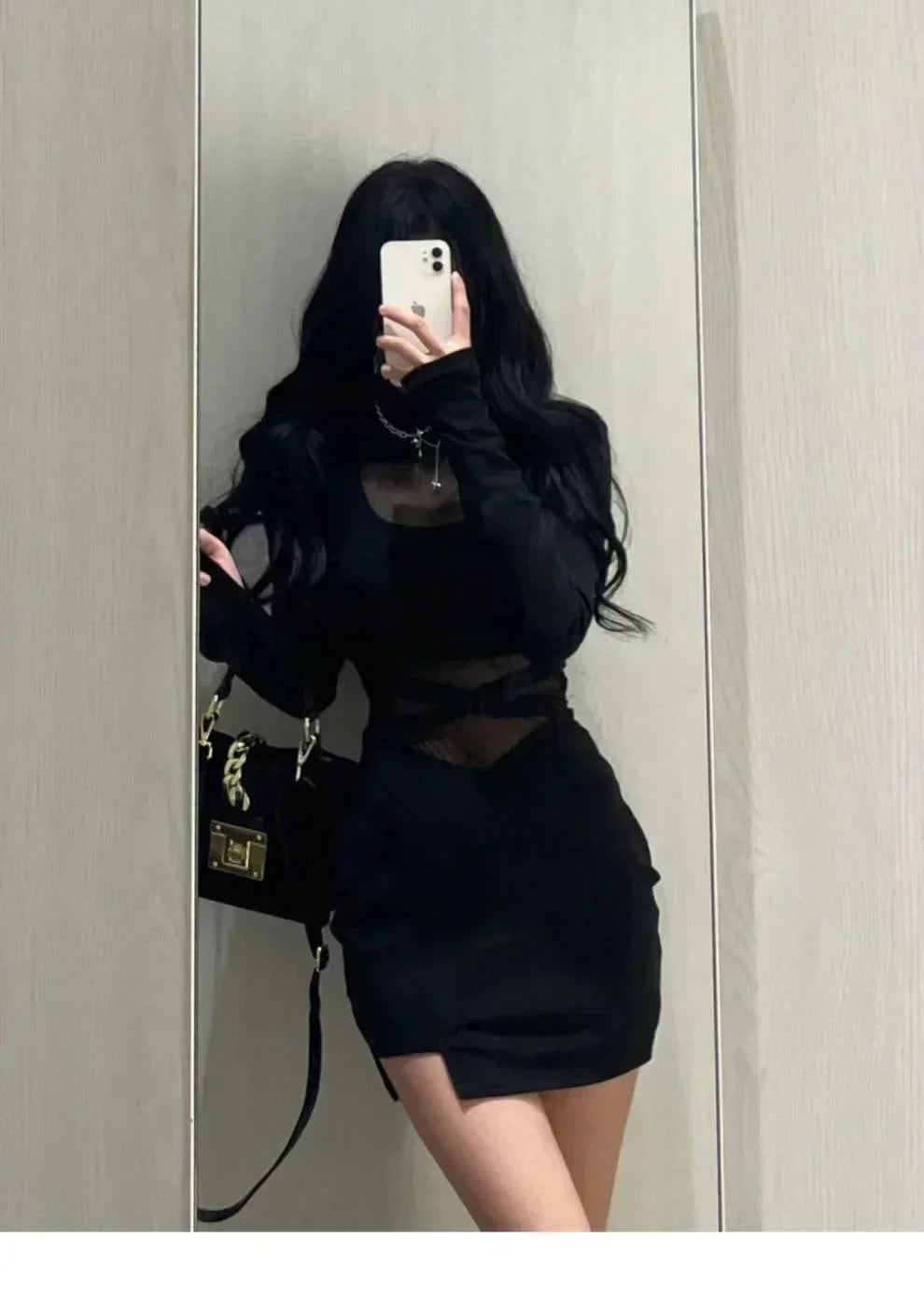 Pile Up Sleeves New Sexy Black Fishbone Dress Personalized Slim Women Dress Thin Gauze Perspective Wrap Around Buttocks  F8Q3