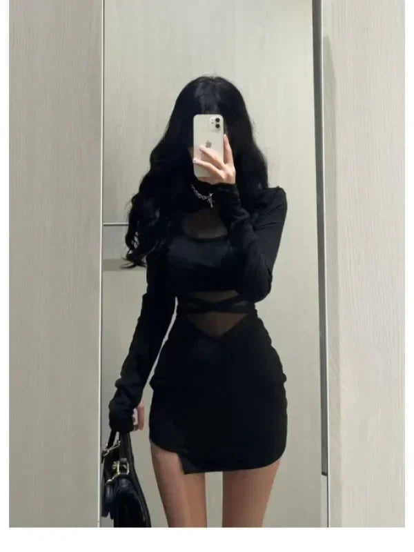 Pile Up Sleeves New Sexy Black Fishbone Dress Personalized Slim Women Dress Thin Gauze Perspective Wrap Around Buttocks  F8Q3