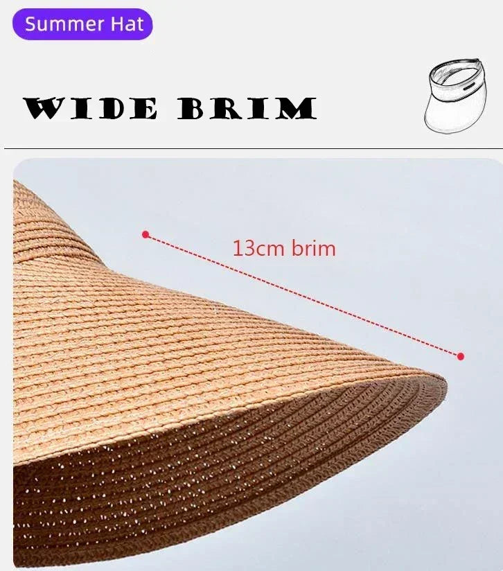 Spring and Summer Women's Outdoor Sunshade  Straw Hat Fashion Empty Top  Duck Tongue Hat Big Brim Cap G37
