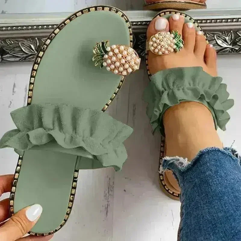 Pineapple Pearl Womens Slippers Flat Toe Casual Beach Slides