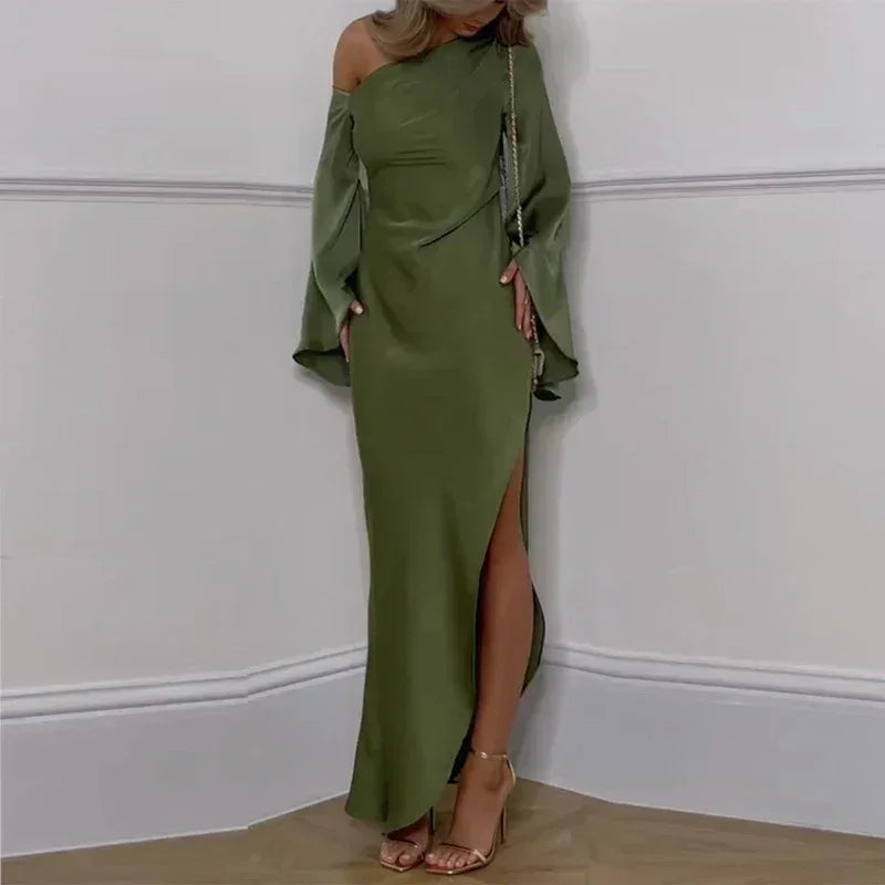 Sexy Oblique Shoulder Solid Irregular Dress Women Elegant Skew Collar Backless Long Dress Autumn Flare Sleeve Slit Party Dresses