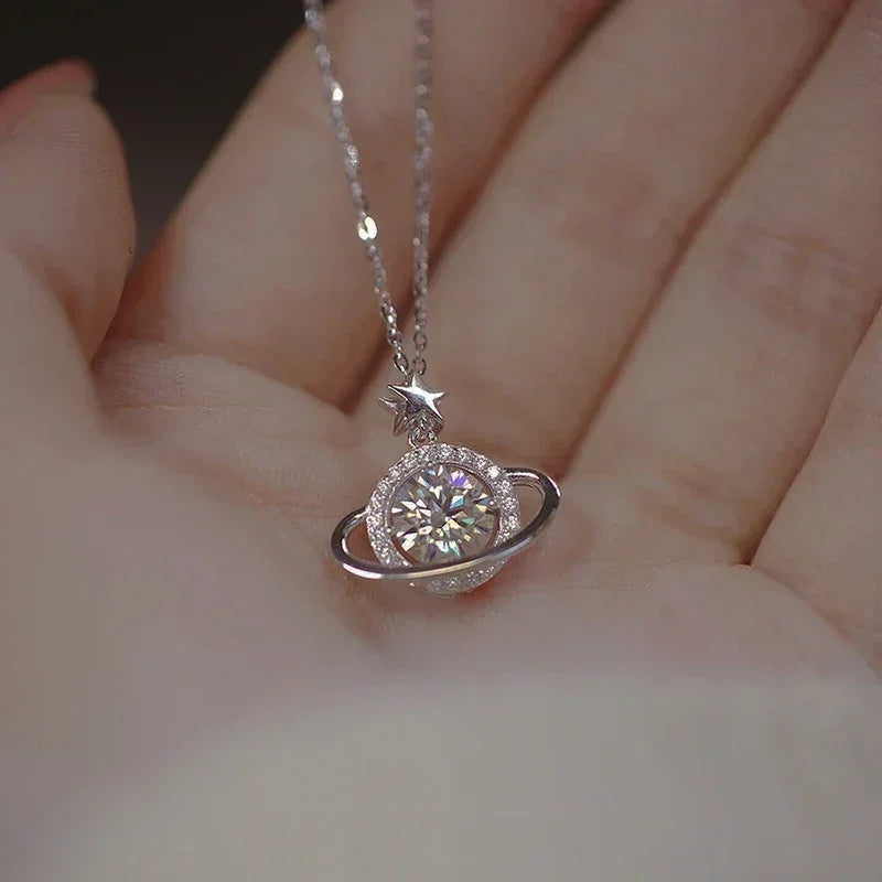925 Sterling Silver Planet Shape Necklace Simple Charm Shiny Geometric Shape Pendant Birthday Gift for Women Exquisite Jewelry