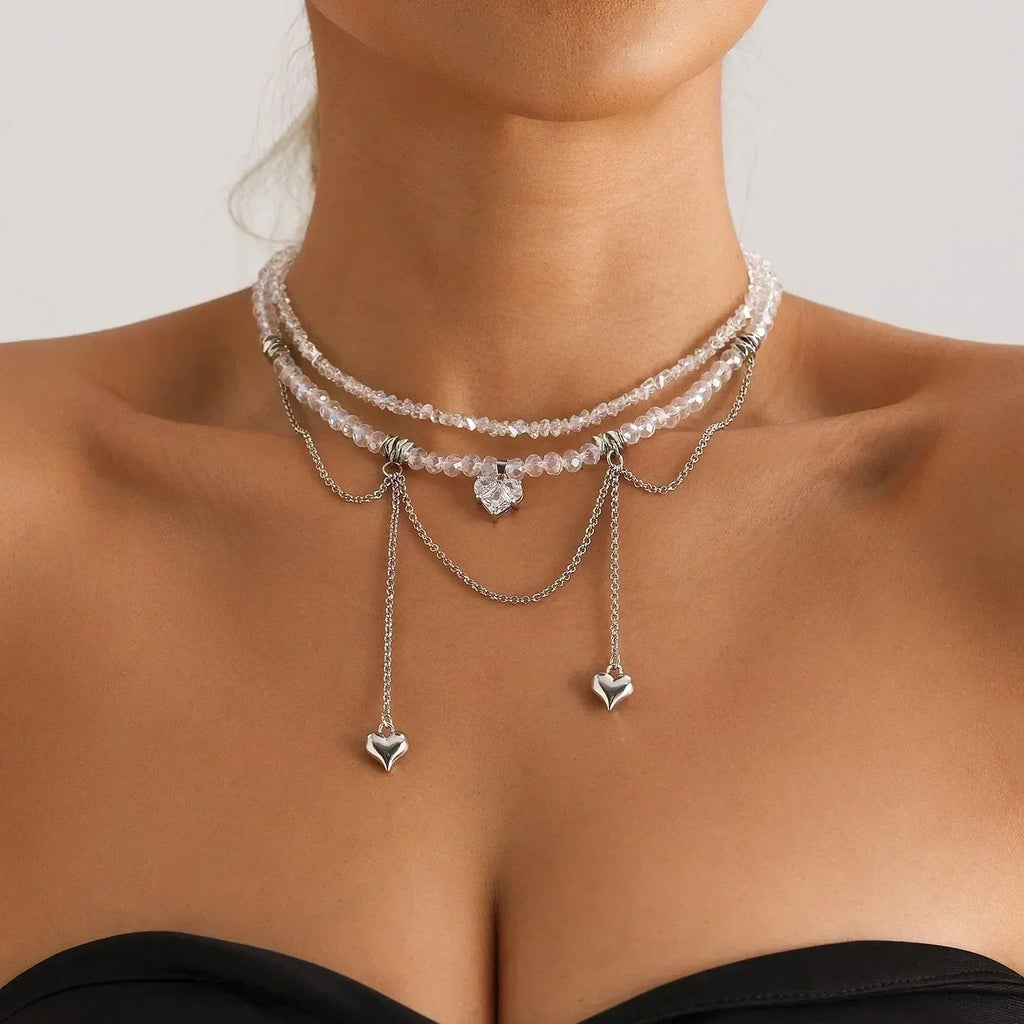 Fashion Heart Beaded Necklace for Women Boho Elegant Irregular Crystal Chain Y2K Choker Exquisite Party Gift Jewelry Accessories