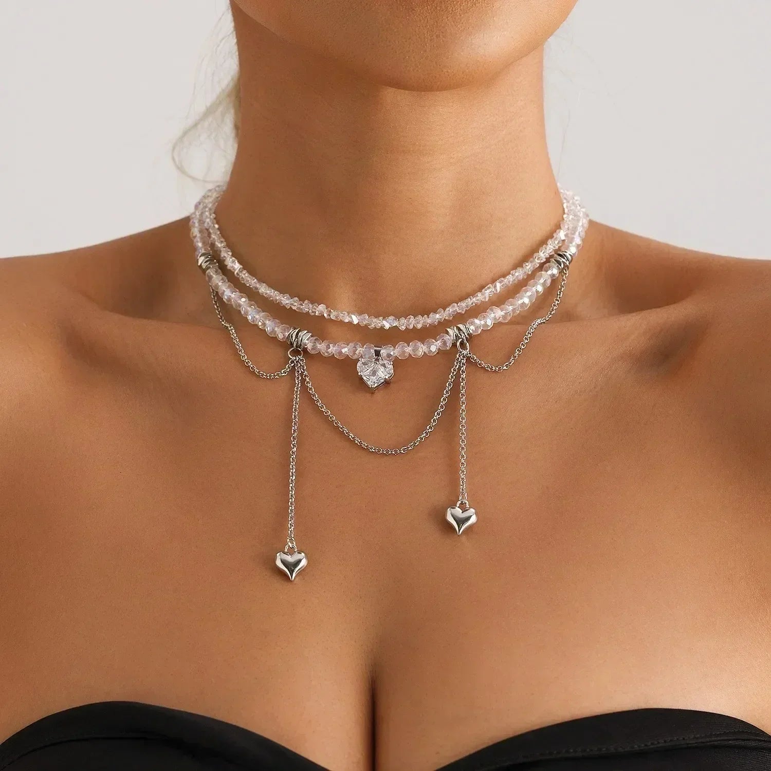 Fashion Heart Beaded Necklace for Women Boho Elegant Irregular Crystal Chain Y2K Choker Exquisite Party Gift Jewelry Accessories