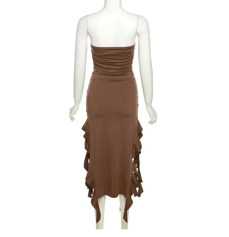 Cryptographic Irregular Ruffle Off Shoulder Sexy Backless Midi Dress for Women Elegant Birthday Vestido Summer Sundresses Ruched