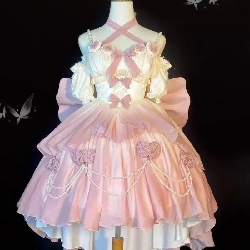 2025 Vestidos De Mujer Sweet Dresses for Women Lolita Style Fashion Japanese Robe Femme Beading Hollow Out 3D Floral Cute Dress