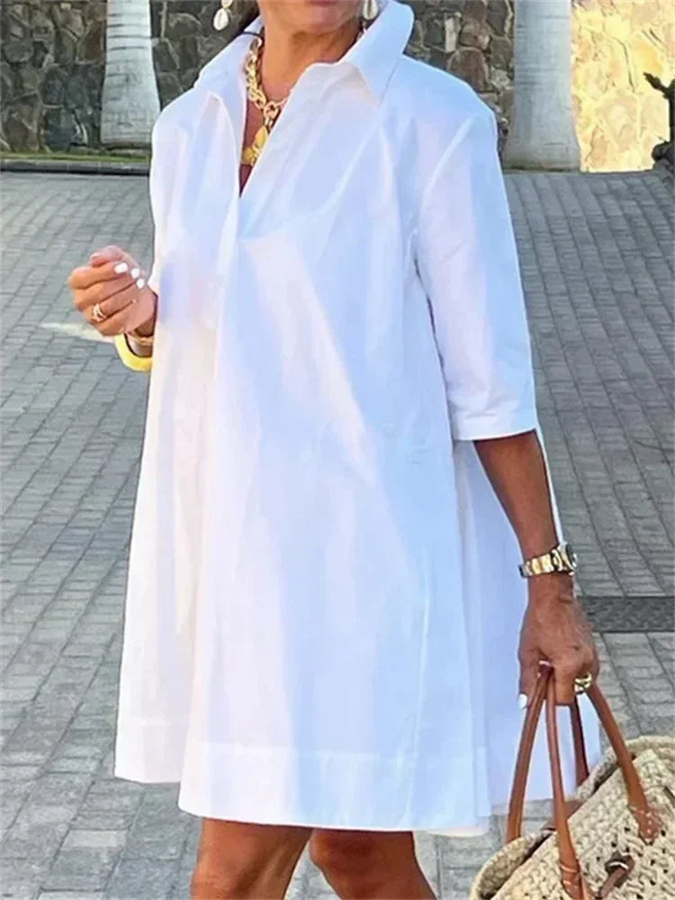 Urban Female Fashion Solid Color Lapel Mini Dresses  New Summer Half Sleeves Loose Casual Office Commute White Dress