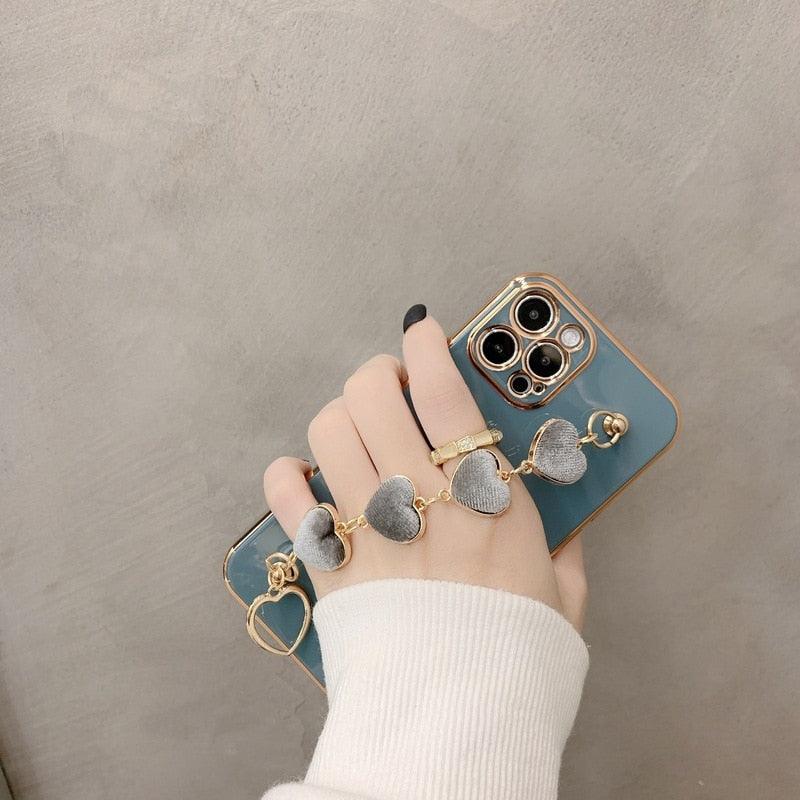 Luxury Women Silicone Phone Case Cover With Wrist Chain Bracelet for iPhone  Wristband Bracelet Hand Holder Cover for iPhone 13 12 11 Pro Max plating Case Heart Chain Cases for iPhone 7 8 Plus XR XS Max X