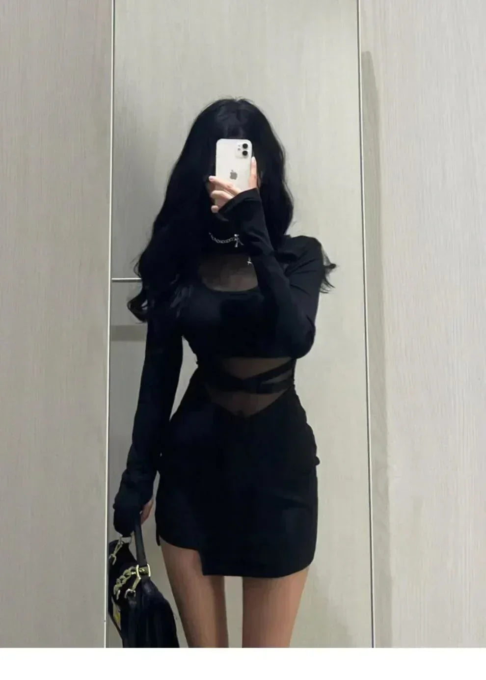Pile Up Sleeves New Sexy Black Fishbone Dress Personalized Slim Women Dress Thin Gauze Perspective Wrap Around Buttocks  F8Q3