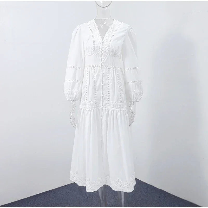 Elegant Lace Patchwork Hollow Out Dress Women Solid V-neck Long Lantern Sleeve Loose Dresses 2025 Spring Vacation Lady Robes