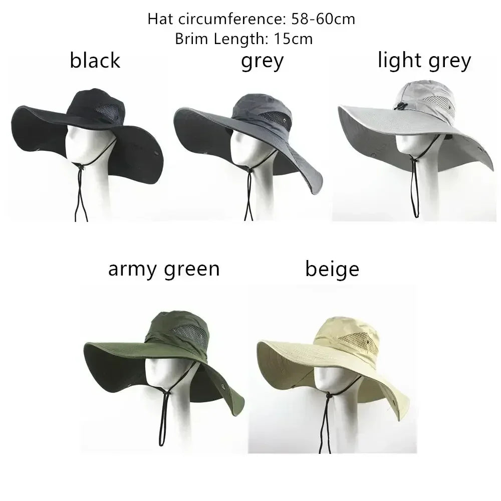 Summer Bucket Hat For Men Fisherman Cap Fishing Outdoor Sunshade Wide Visor Brim UV Sunscreen Riding Hiking Suncreen Sunhat