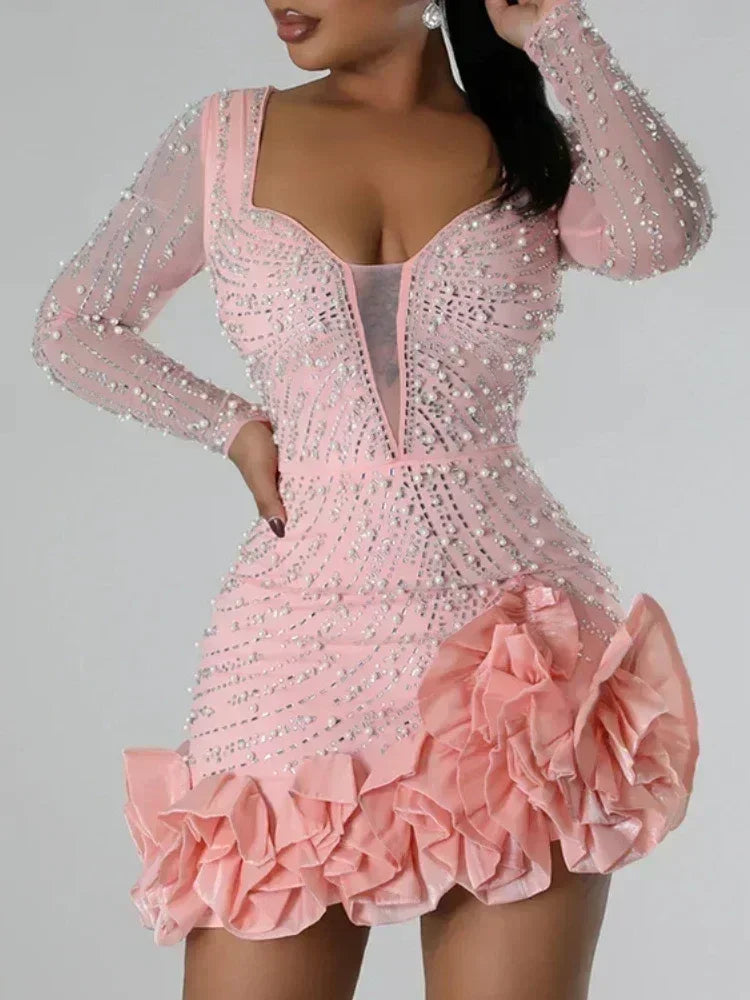2025 Party Dresses Beading Diamond Long Sleeves Ruffles for women Shiny Elegant Wedding Guest Gown Occasion Celebrate Birthday