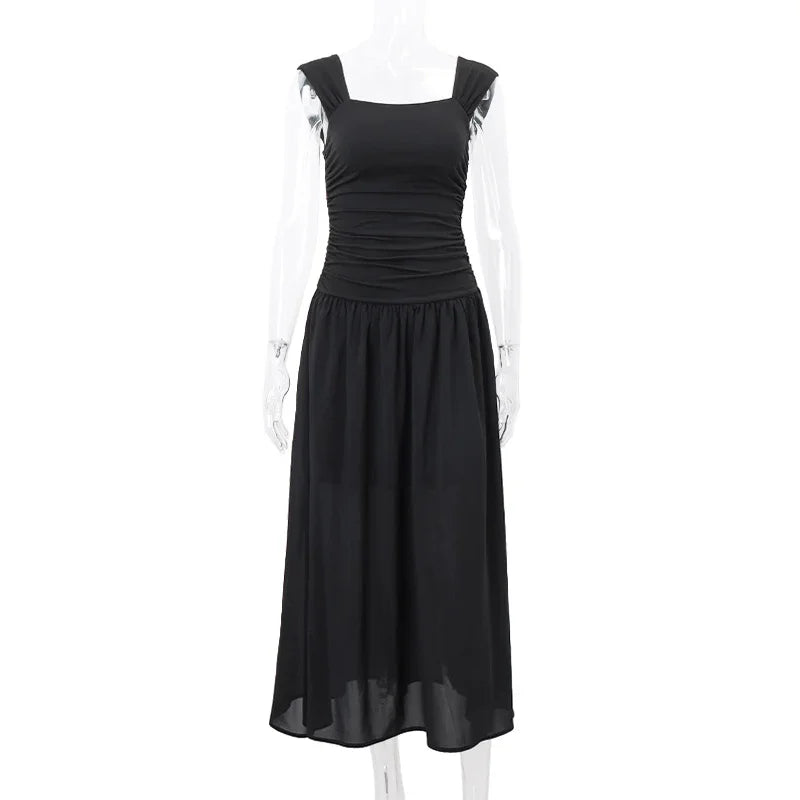 Ruched Bodycon Maxi Dress | Y2K Square Neck Slip Dress -femstylo