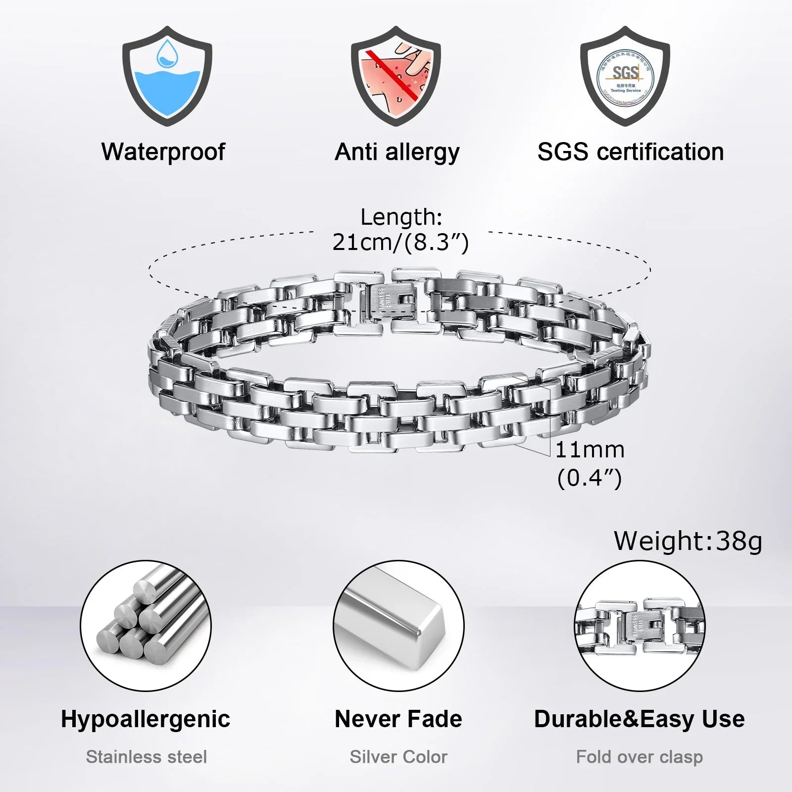 Chunky Stainless Steel Bracelet for Men | Silver Chain Link Watch Band