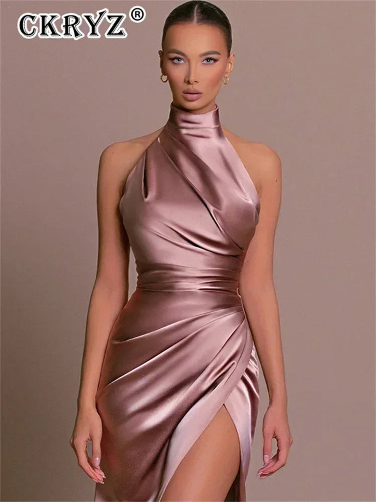Ladies Summer Satin Evening Birthday Party Dresses Women Sleeveless Backless Halter Side Slit Elegant Long Dress Mowan Clothes