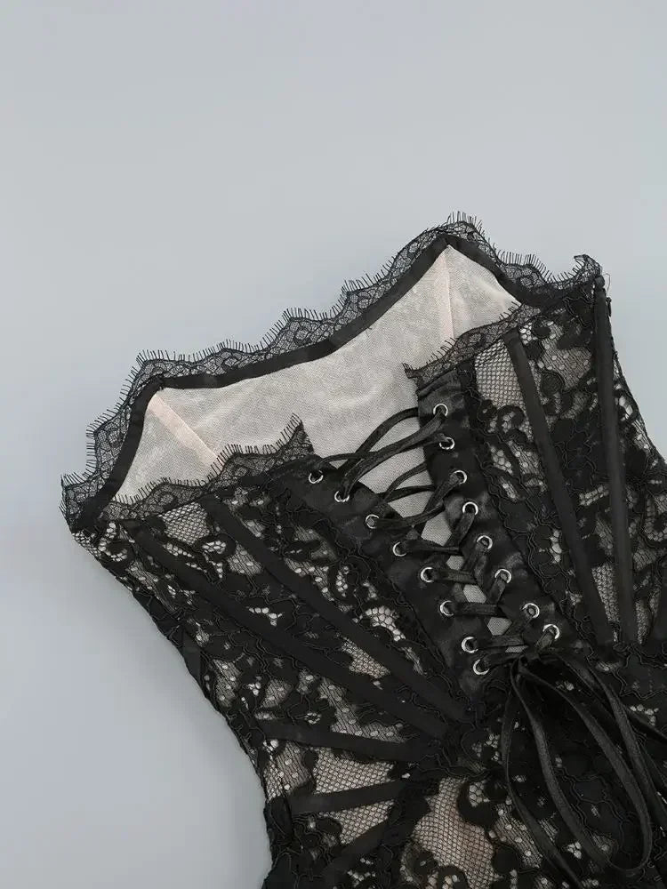 TARUXY Sexy Lace See-through Patchwork Corset Dress Female Bodycon Elegant Party MIrrgualr Mini Dress Women Tube Top Dress New