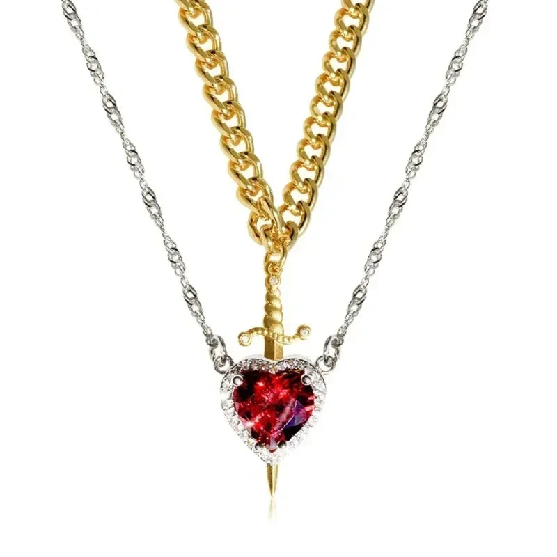 Heart and Sword Necklace Set of 2 - 18K Gold Plated STAINLESS STEEL Crystal Couple Necklaces for Women Men Boyfriend Girlfriend