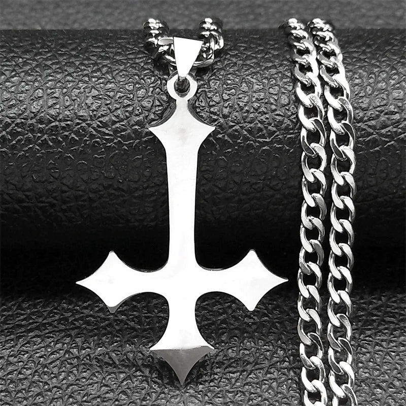 Goth Upside Down Cross Stainless Steel Pendant Necklace | Inverted Crucifix Gothic Jewelry for Men