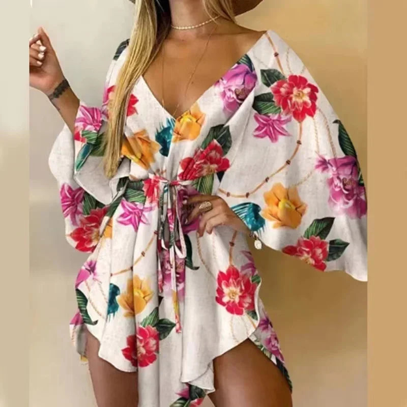 2024 New Summer Beach Elegant Women Dresses Sexy V Neck Lace-up Floral Print Mini Dress Casual Flared Sleeves Ladies Party Dress