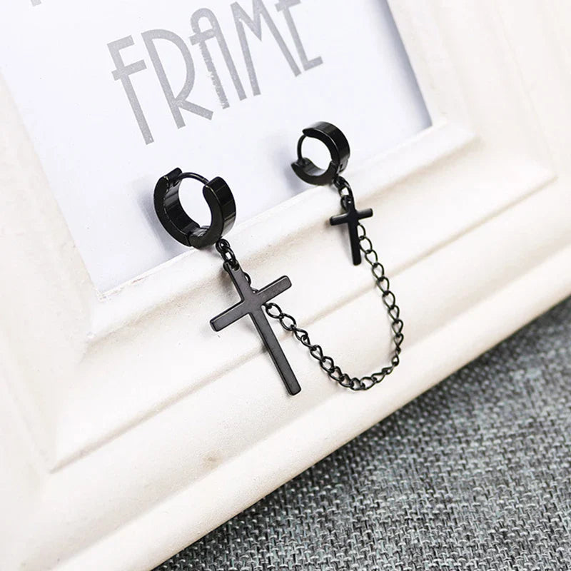 Punk Cross Pendant Clip Earring | Unisex Metal Chain Tassel Ear Cuff