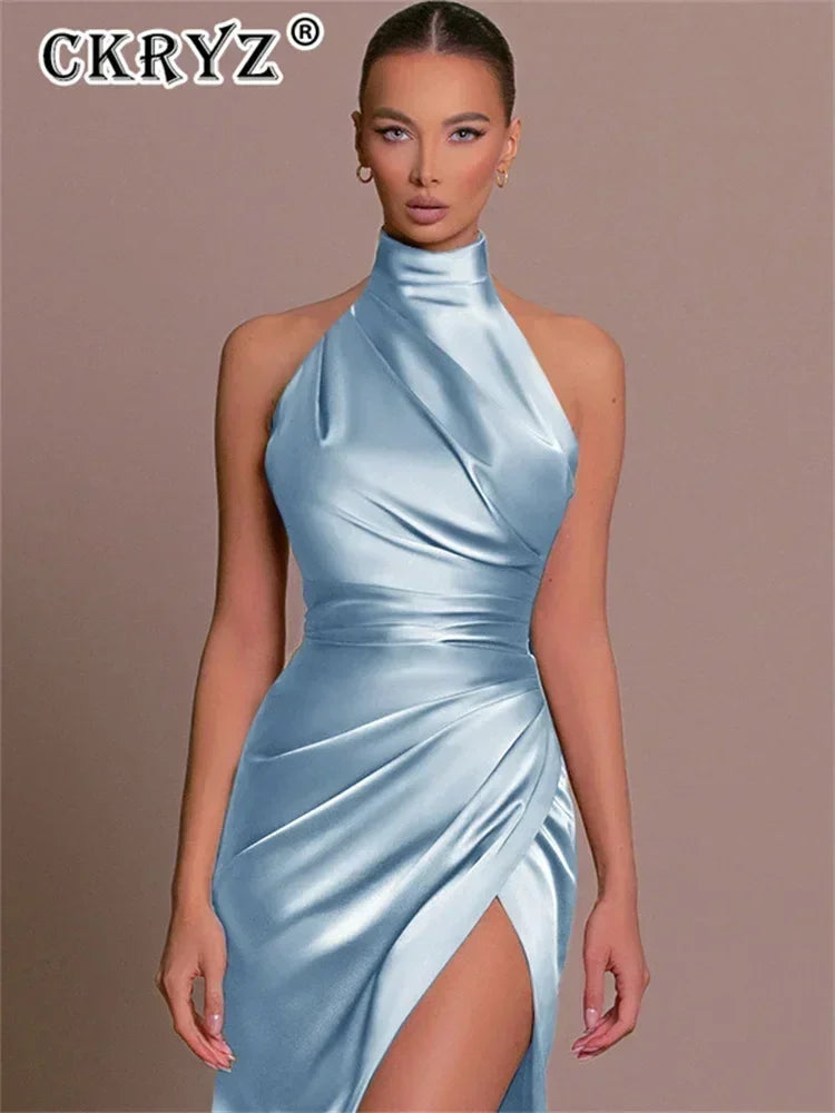 Ladies Summer Satin Evening Birthday Party Dresses Women Sleeveless Backless Halter Side Slit Elegant Long Dress Mowan Clothes