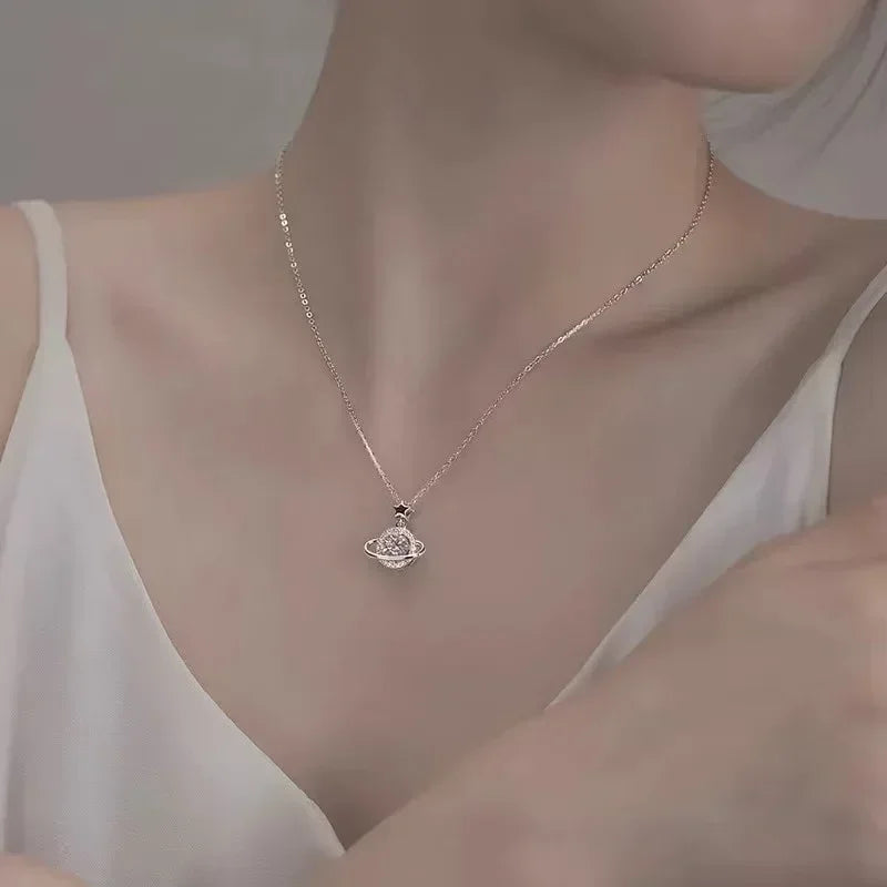 925 Sterling Silver Planet Shape Necklace Simple Charm Shiny Geometric Shape Pendant Birthday Gift for Women Exquisite Jewelry