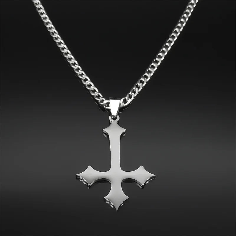Goth Upside Down Cross Stainless Steel Pendant Necklace | Inverted Crucifix Gothic Jewelry for Men