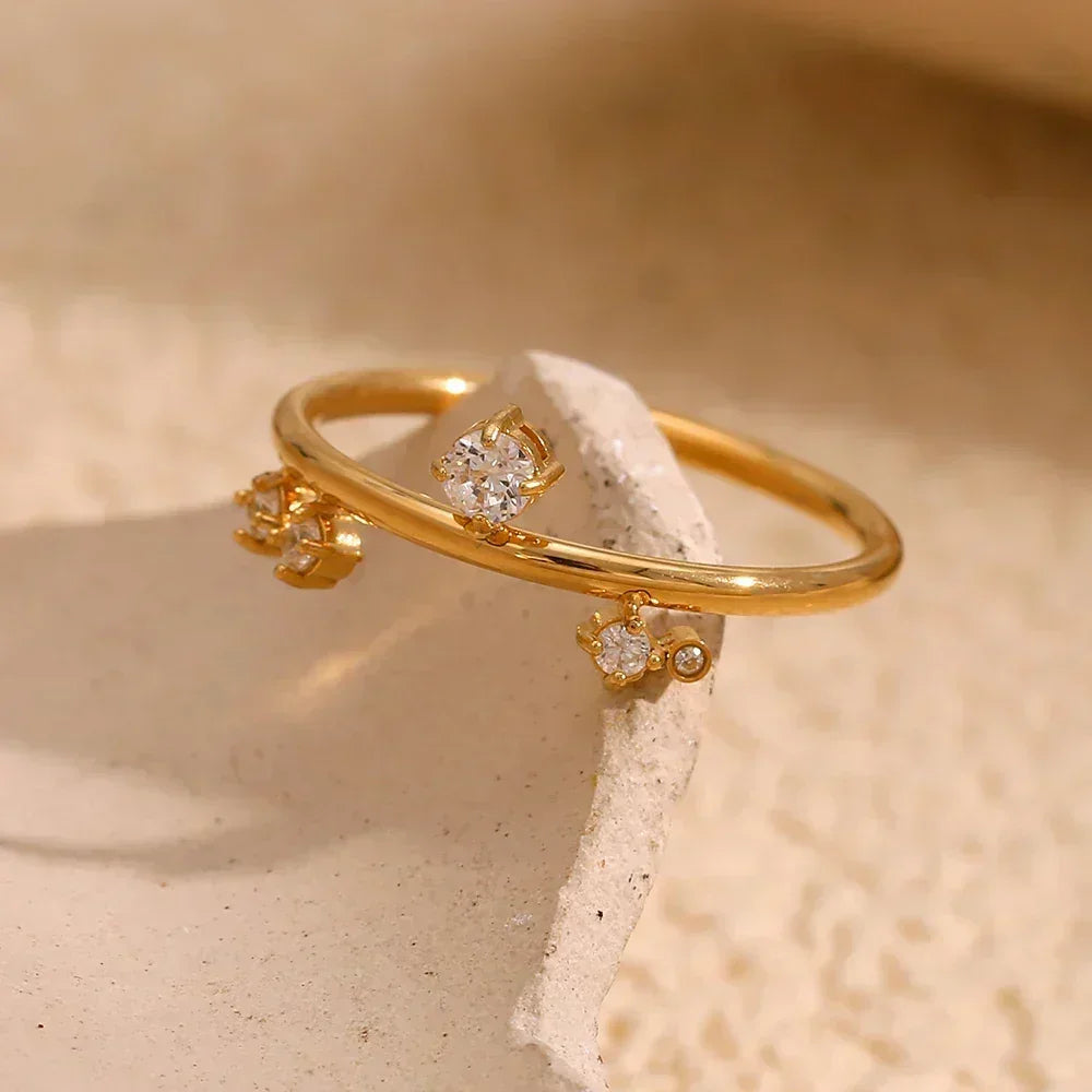 E.B.belle New White Rhinestone Crown Ring  Tarnish Free Hypollergenic Stainless Steel Jewelry 18k Gold Plated For Women Girls