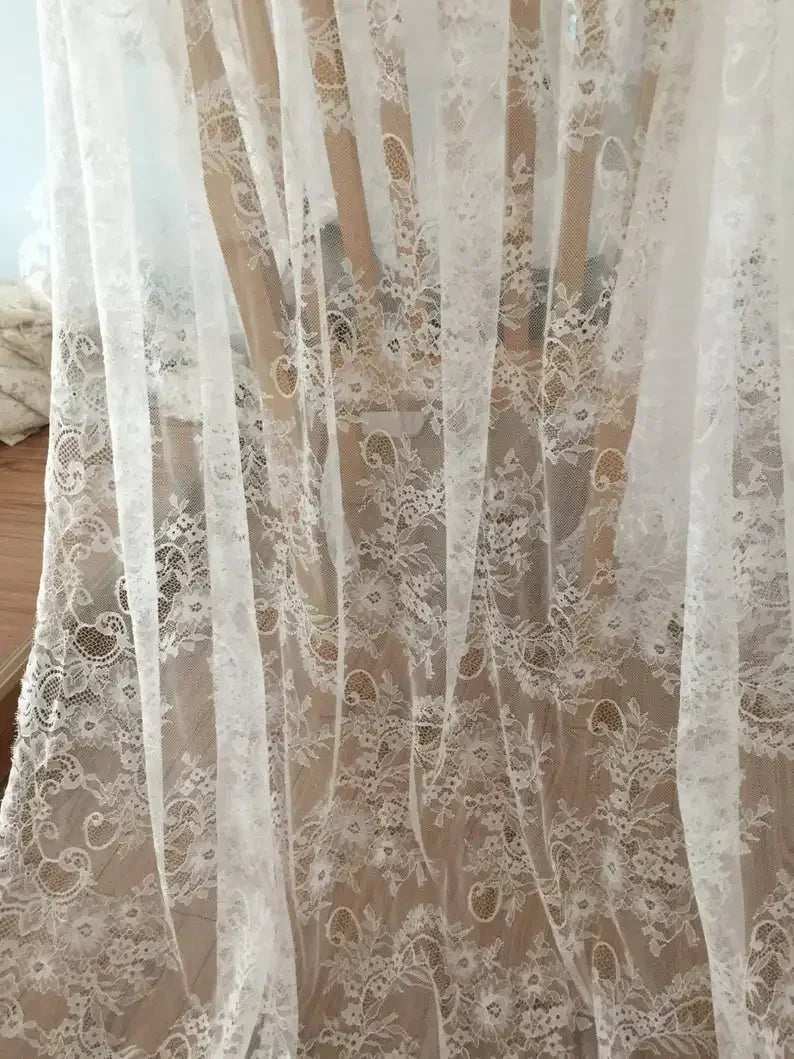 3Meters/lot Off White French Chantilly Lace Fabric , Eyelash Embroidery Lace Craft Bridal Veil Lace Accessory 150cm Width