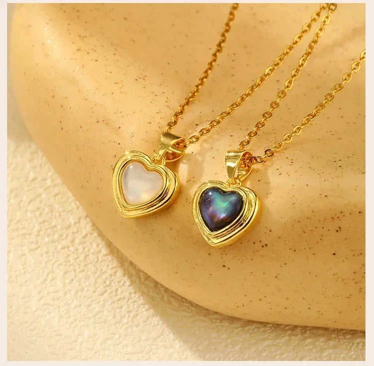Summer Waterproof Necklace for Women, Nature Abalone Shell Heart Square Round Shape Pendant Statement Jewelry