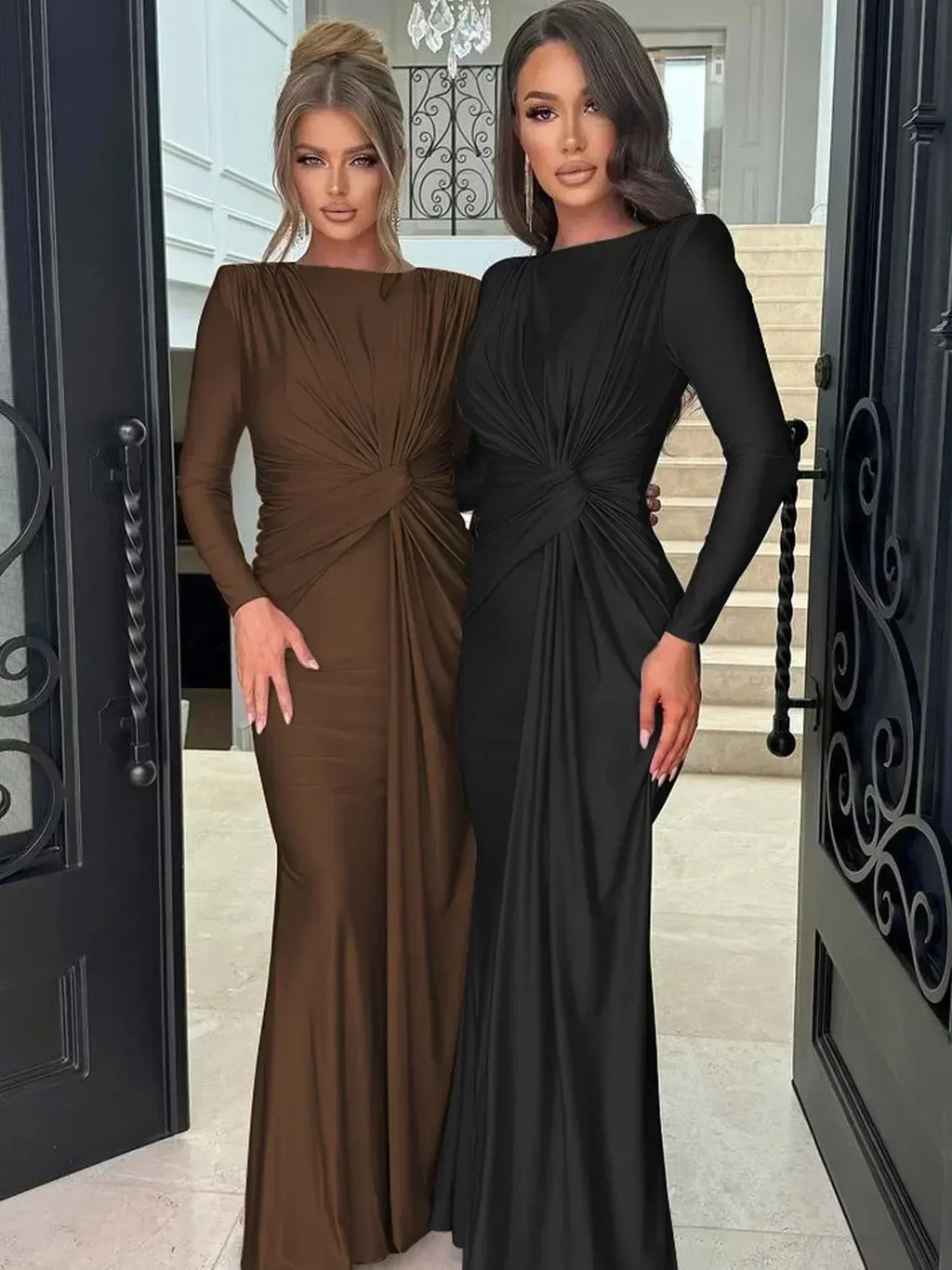 Dulzura Long Sleeves Shoulder Pad Ruched Maxi Dress Solid Elegant Prom Evening Party Long Dress Women’S Autumn Winter Outfit