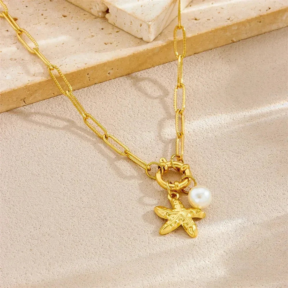 DIEYURO 316L Stainless Steel Golden Ocean Style Starfish Pearl Pendant Necklace Lady New Summer Beach Neck Chain Jewelry Gift