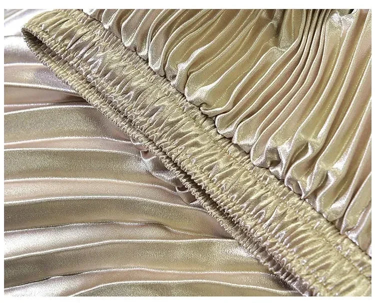 Classic Golden Velvet Pleated Skirt High Waist Retro Style Fashion Office Lady Pleated Long Skirt Winter Velvet Skirt 90cm Long