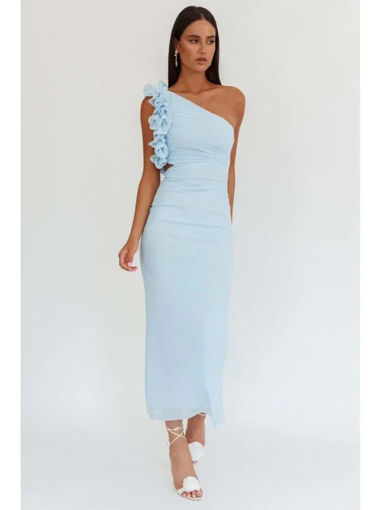 Articat Elegant Slant Shoulder Flower Bodycon Party Club Evening Dress Women Sexy Backless Slim Spring/Summer New  2025 Vestido