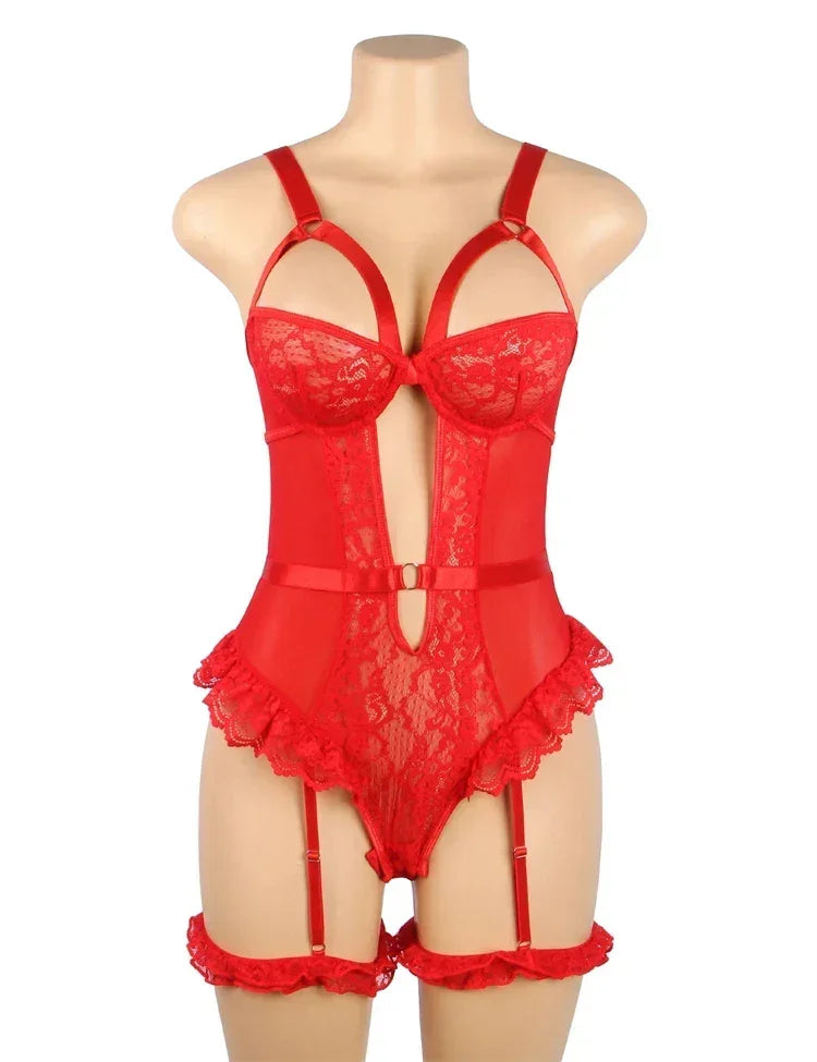 Comeondear Suspenders Women Teddy Leotard Sexy Plus Size Rompers Lingerie Underwire Lace Garter Bodysuits Slim Jumpsuit Pajamas