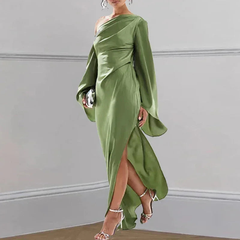 Sexy Oblique Shoulder Solid Irregular Dress Women Elegant Skew Collar Backless Long Dress Autumn Flare Sleeve Slit Party Dresses