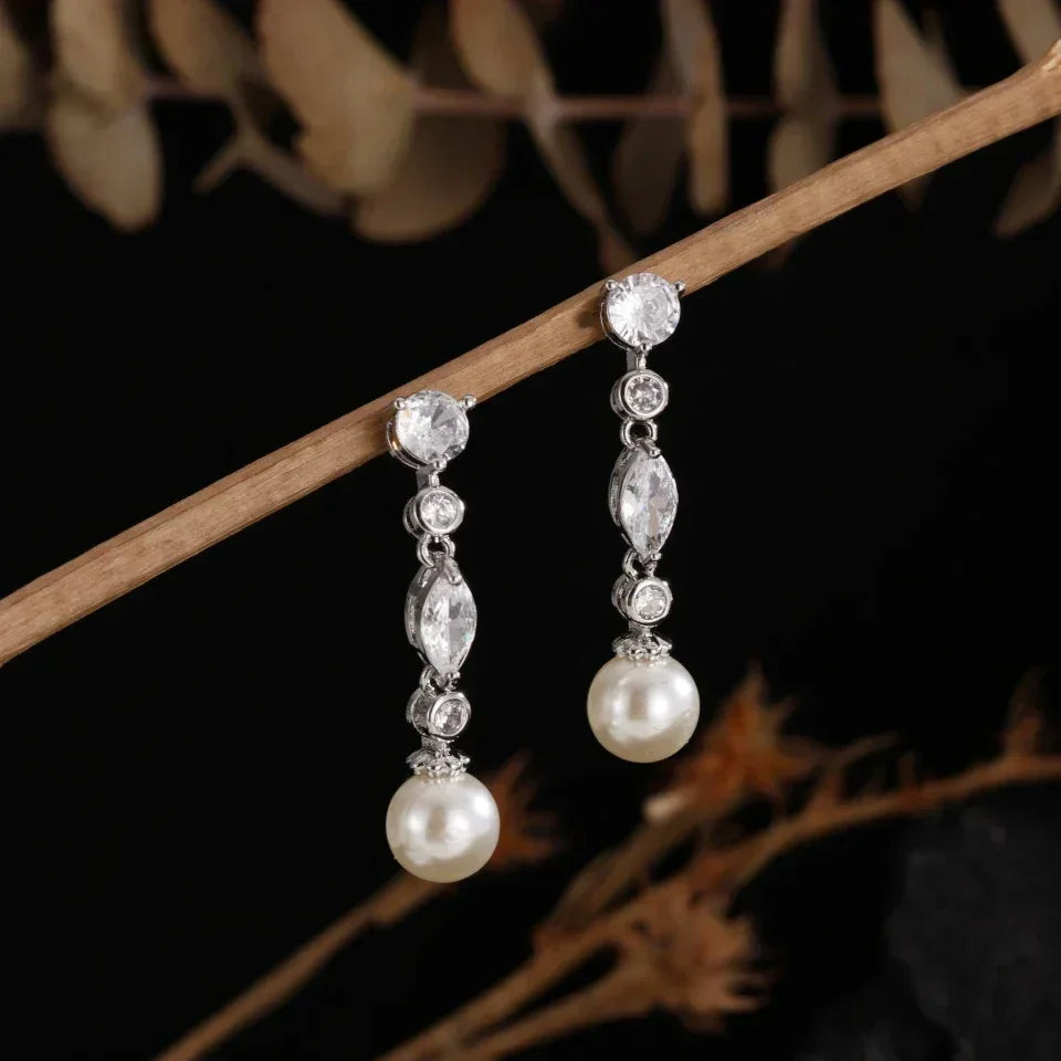 ZAKOL White Teardrop Pearl Dangle Earrings for Women Shiny Cubic Zirconia Earring Bridal Wedding Jewelry Valentine's Day Gift