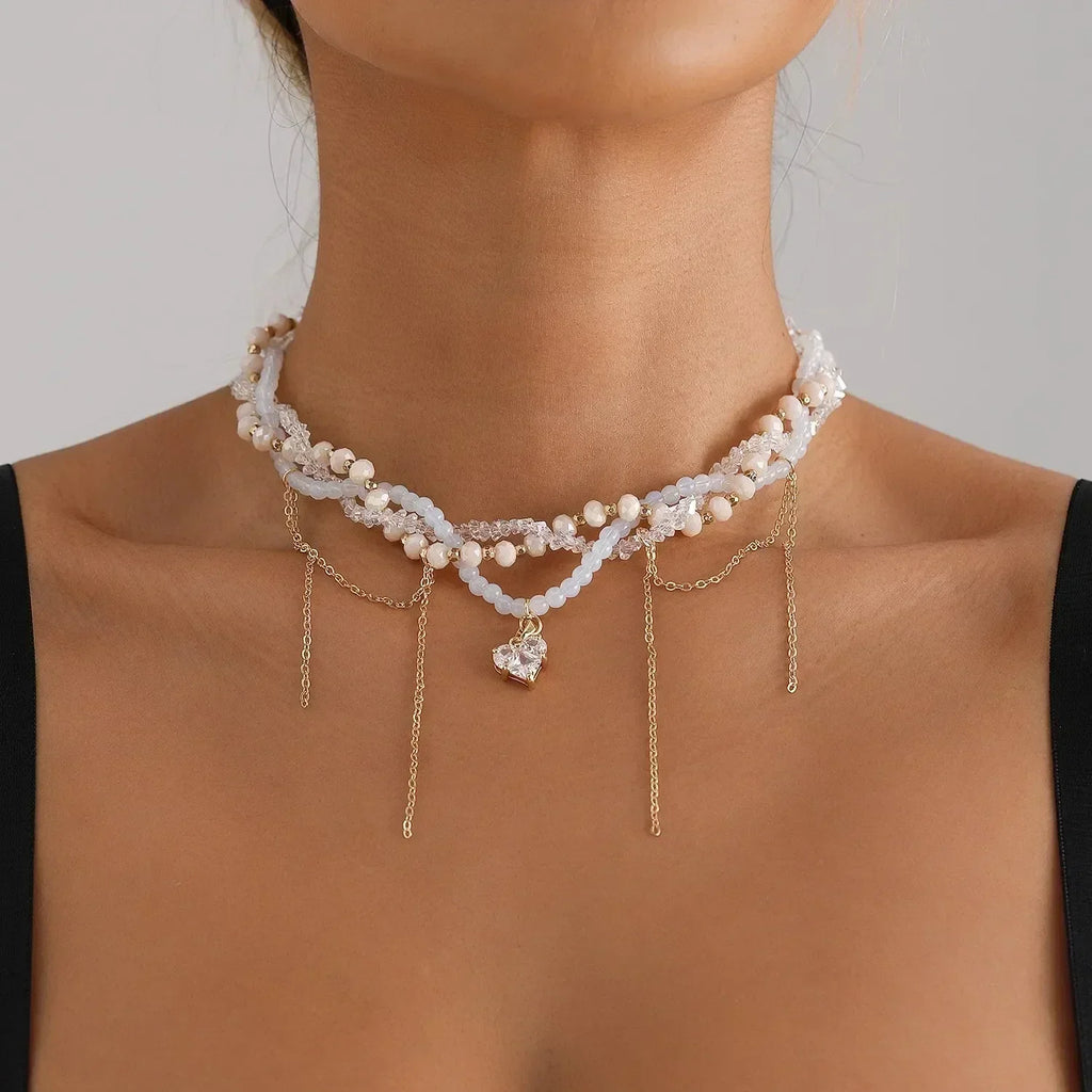 Fashion Heart Beaded Necklace for Women Boho Elegant Irregular Crystal Chain Y2K Choker Exquisite Party Gift Jewelry Accessories