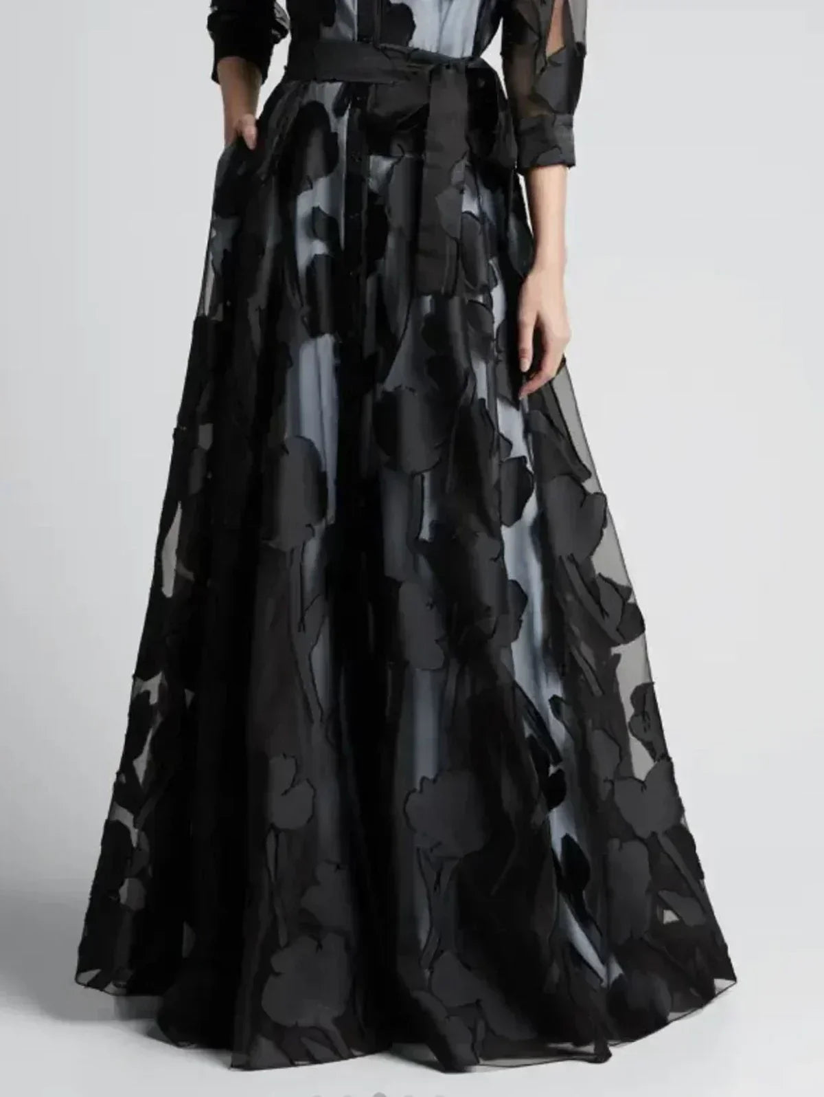 Elegant Three-Quarter Sleeve Knotted Waist Jacquard Mesh Maxi Dress for Women No Lining Transparent Club Party Long Dress